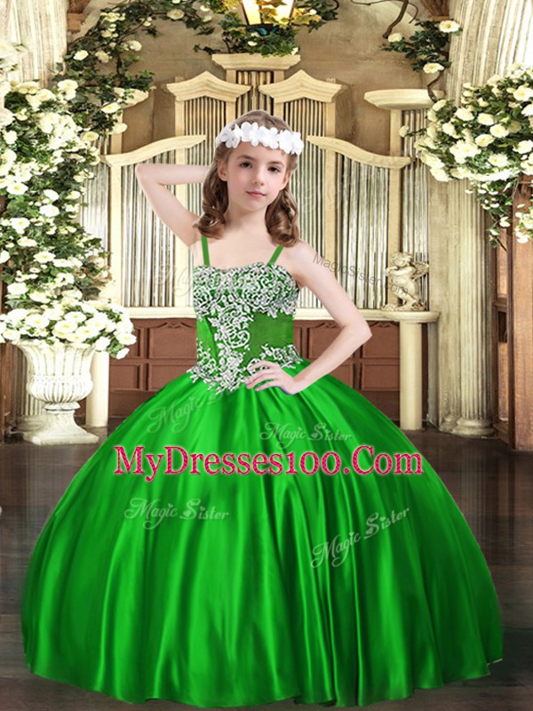 Simple Green Ball Gowns Appliques Pageant Dress for Womens Lace Up Satin Sleeveless Floor Length