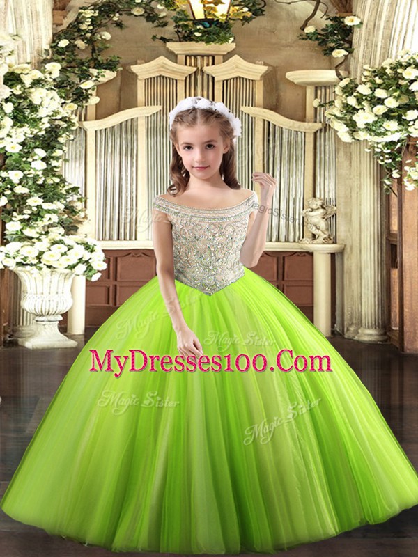 Amazing Sleeveless Tulle Floor Length Lace Up Little Girls Pageant Gowns in Yellow Green with Beading