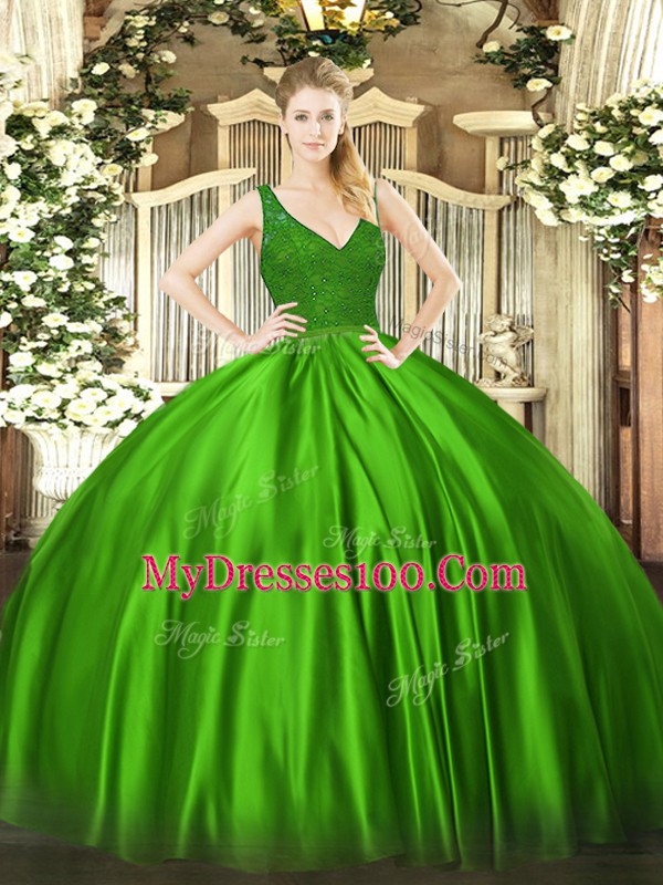 Discount Floor Length Backless Quinceanera Dress Green for Military Ball and Sweet 16 and Quinceanera with Beading and Lace