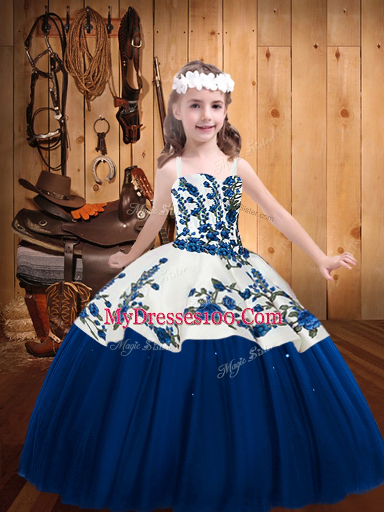 Perfect Blue Straps Neckline Embroidery Little Girls Pageant Dress Wholesale Sleeveless Lace Up