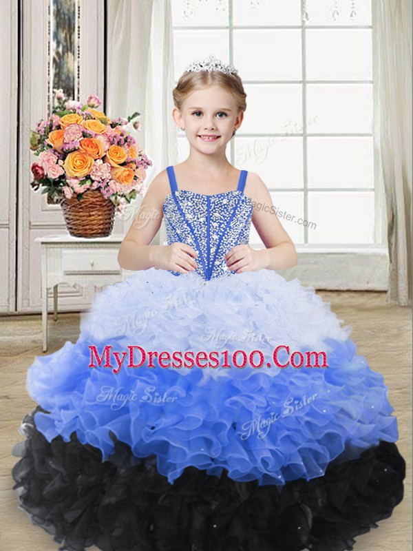 Floor Length Multi-color Girls Pageant Dresses Straps Sleeveless Lace Up