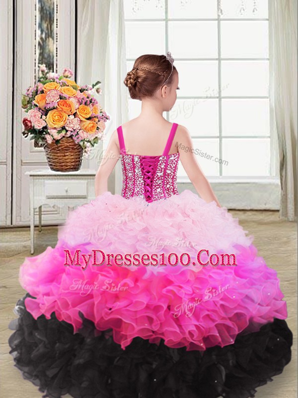Floor Length Multi-color Girls Pageant Dresses Straps Sleeveless Lace Up