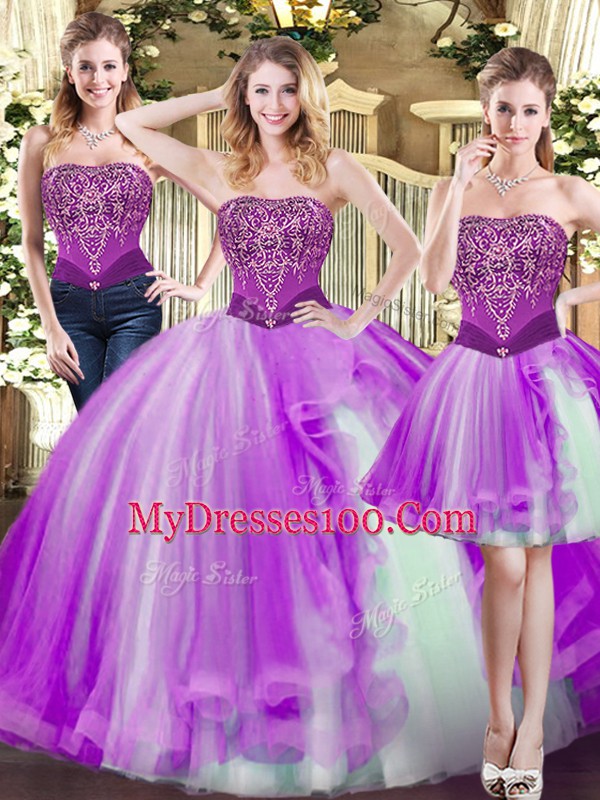 New Arrival Eggplant Purple Ball Gowns Tulle Strapless Sleeveless Beading Floor Length Lace Up Quinceanera Gowns