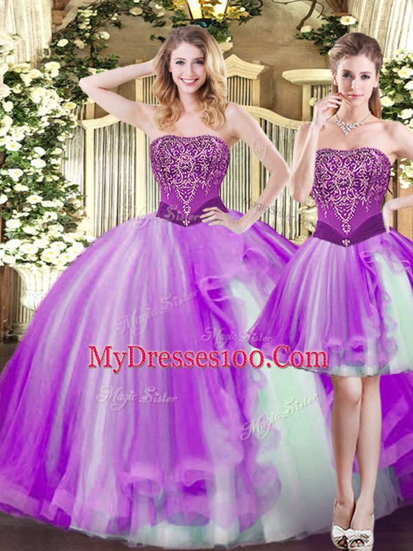 New Arrival Eggplant Purple Ball Gowns Tulle Strapless Sleeveless Beading Floor Length Lace Up Quinceanera Gowns