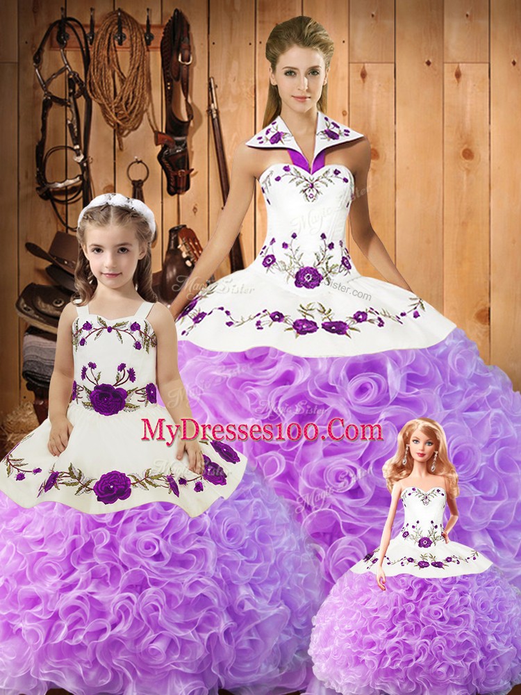 Lilac Ball Gowns Satin and Fabric With Rolling Flowers Halter Top Sleeveless Embroidery Floor Length Lace Up Quince Ball Gowns