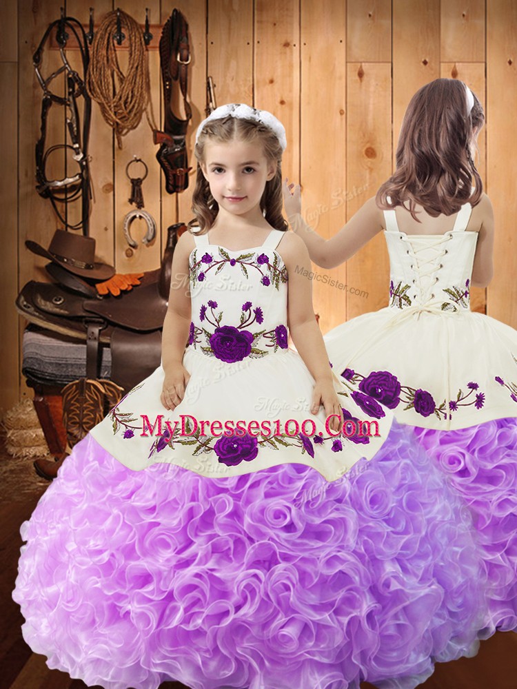 Lilac Ball Gowns Satin and Fabric With Rolling Flowers Halter Top Sleeveless Embroidery Floor Length Lace Up Quince Ball Gowns