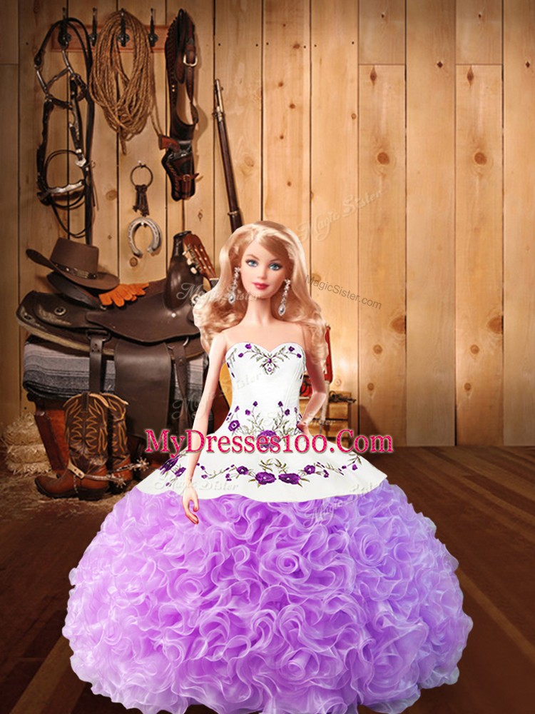 Lilac Ball Gowns Satin and Fabric With Rolling Flowers Halter Top Sleeveless Embroidery Floor Length Lace Up Quince Ball Gowns