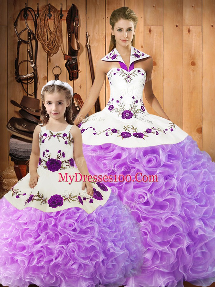 Lilac Ball Gowns Satin and Fabric With Rolling Flowers Halter Top Sleeveless Embroidery Floor Length Lace Up Quince Ball Gowns