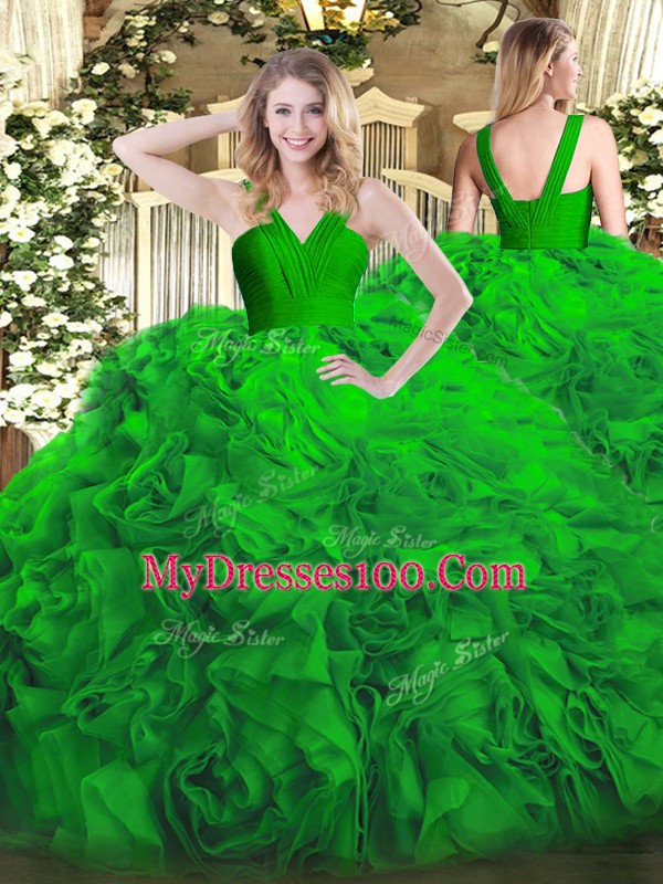 Edgy Green Ball Gowns Ruffles 15th Birthday Dress Zipper Fabric With Rolling Flowers Sleeveless Floor Length