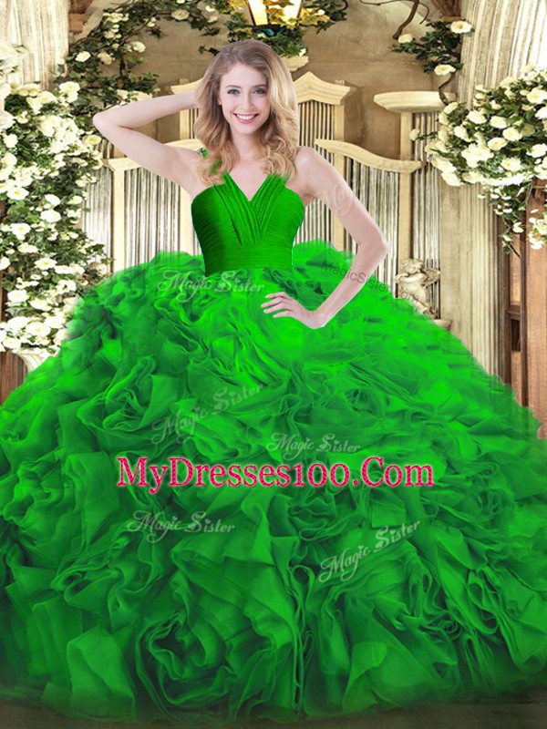 Edgy Green Ball Gowns Ruffles 15th Birthday Dress Zipper Fabric With Rolling Flowers Sleeveless Floor Length