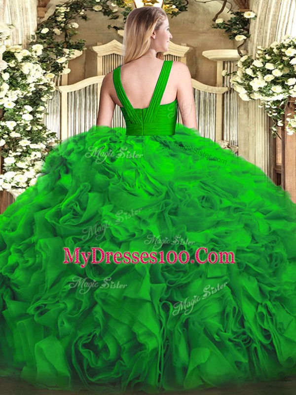Edgy Green Ball Gowns Ruffles 15th Birthday Dress Zipper Fabric With Rolling Flowers Sleeveless Floor Length