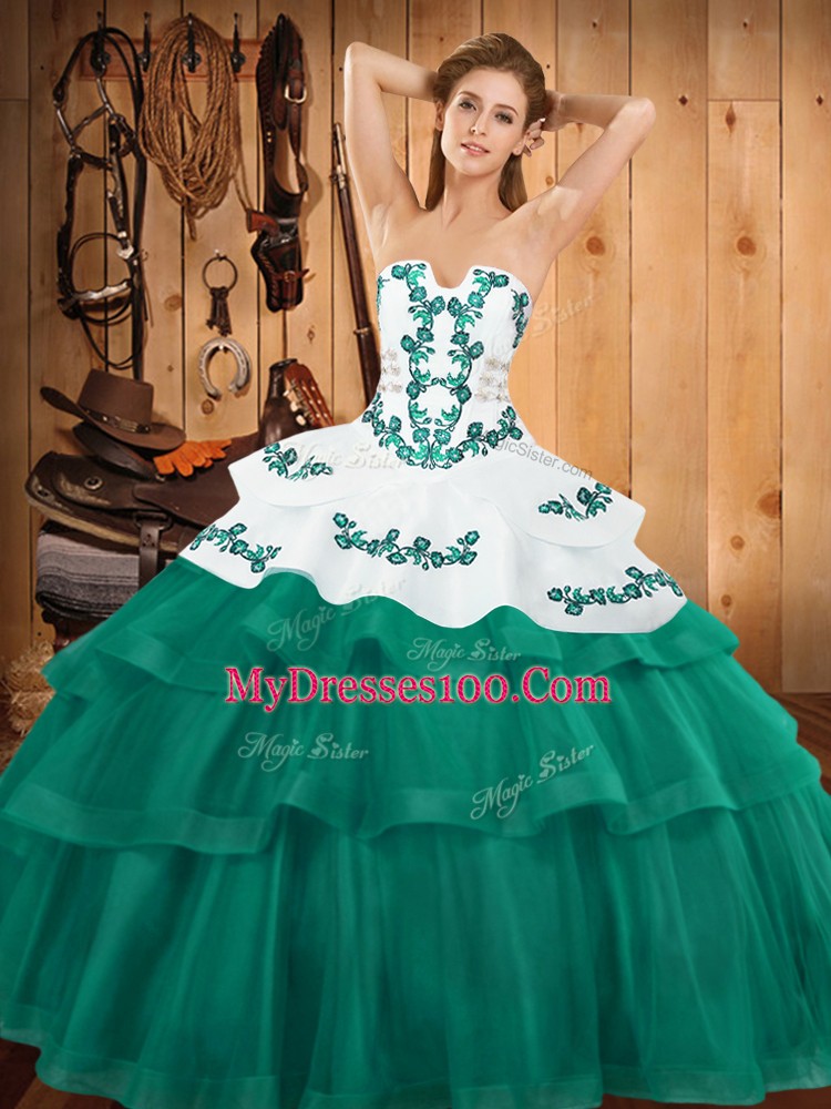 Turquoise Sleeveless Embroidery and Ruffled Layers Lace Up Quince Ball Gowns