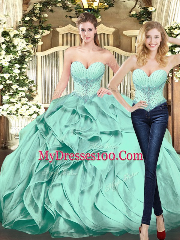 Traditional Apple Green Lace Up Quinceanera Gowns Beading and Ruffles Sleeveless Floor Length