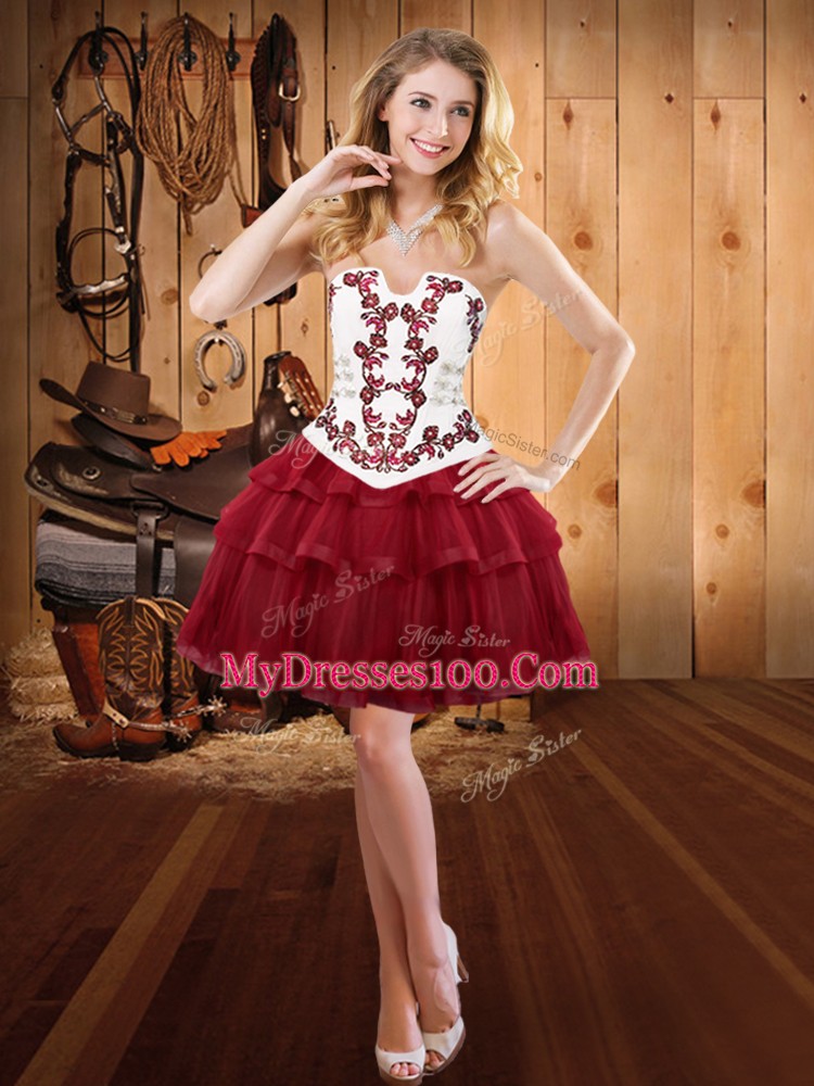 Extravagant Wine Red Lace Up Strapless Embroidery Dress for Prom Organza Sleeveless