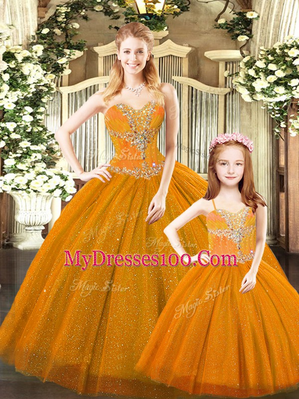 Sumptuous Sleeveless Tulle Floor Length Lace Up Sweet 16 Dress in Rust Red with Beading