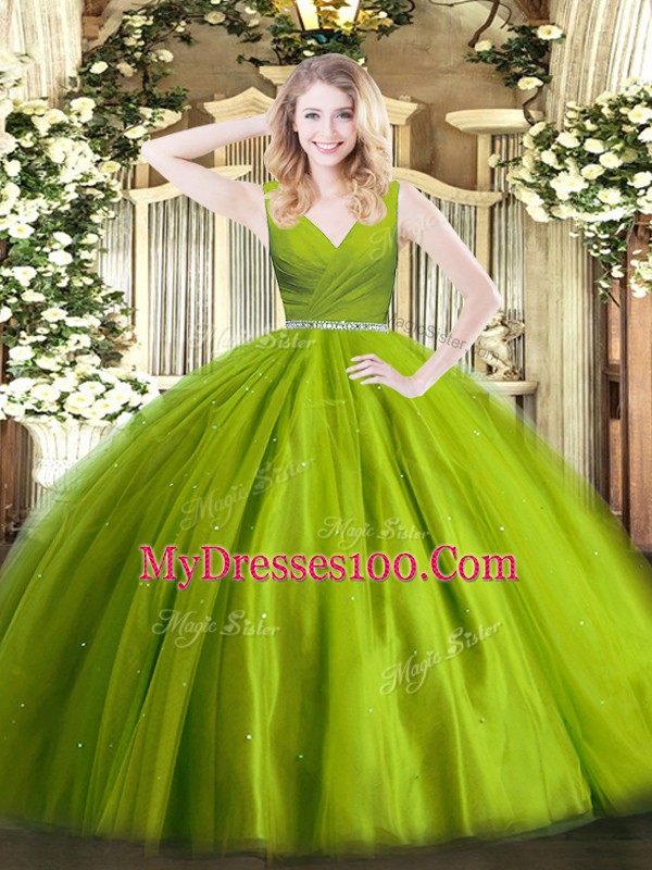 High End Olive Green V-neck Zipper Beading Vestidos de Quinceanera Sleeveless