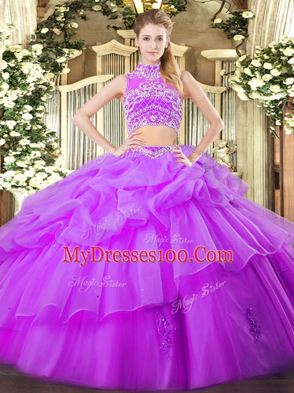 Eggplant Purple Tulle Backless Sweet 16 Quinceanera Dress Sleeveless Floor Length Beading and Ruffles and Pick Ups