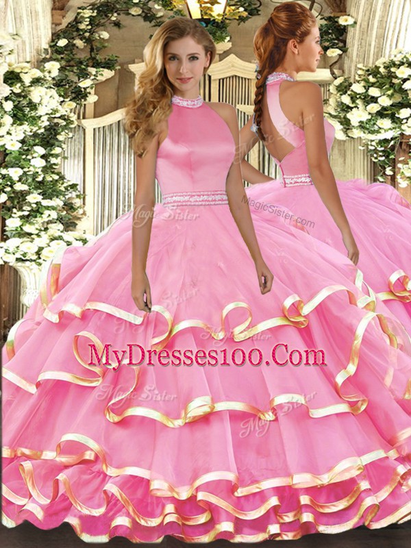 Halter Top Sleeveless 15 Quinceanera Dress Floor Length Beading and Ruffled Layers Pink Organza