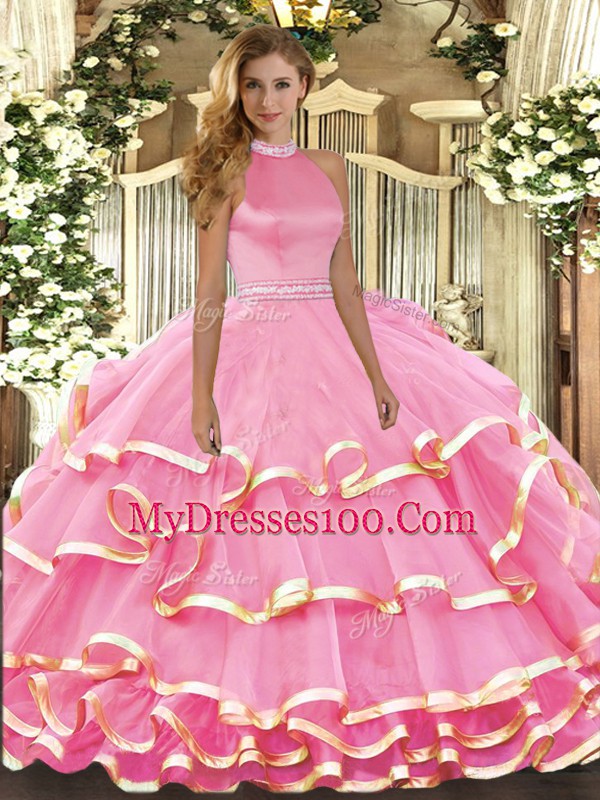 Halter Top Sleeveless 15 Quinceanera Dress Floor Length Beading and Ruffled Layers Pink Organza