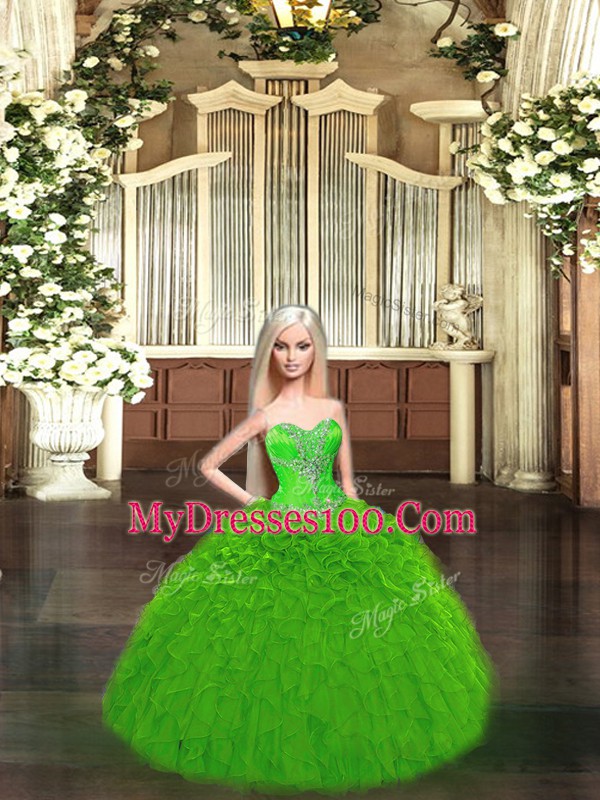 Green Ball Gowns Tulle Sweetheart Sleeveless Beading and Ruffles Floor Length Lace Up Sweet 16 Quinceanera Dress