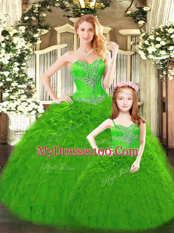 Green Ball Gowns Tulle Sweetheart Sleeveless Beading and Ruffles Floor Length Lace Up Sweet 16 Quinceanera Dress