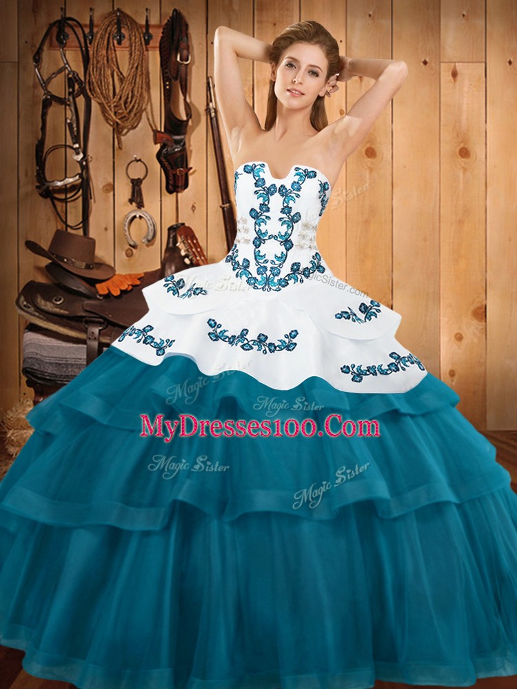 Sleeveless Sweep Train Lace Up Embroidery and Ruffled Layers Sweet 16 Quinceanera Dress