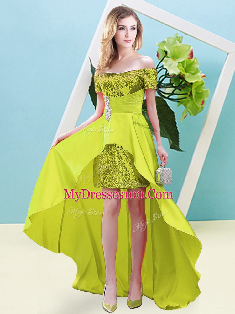 Fantastic Off The Shoulder Short Sleeves Elastic Woven Satin and Sequined Prom Evening Gown Beading Lace Up