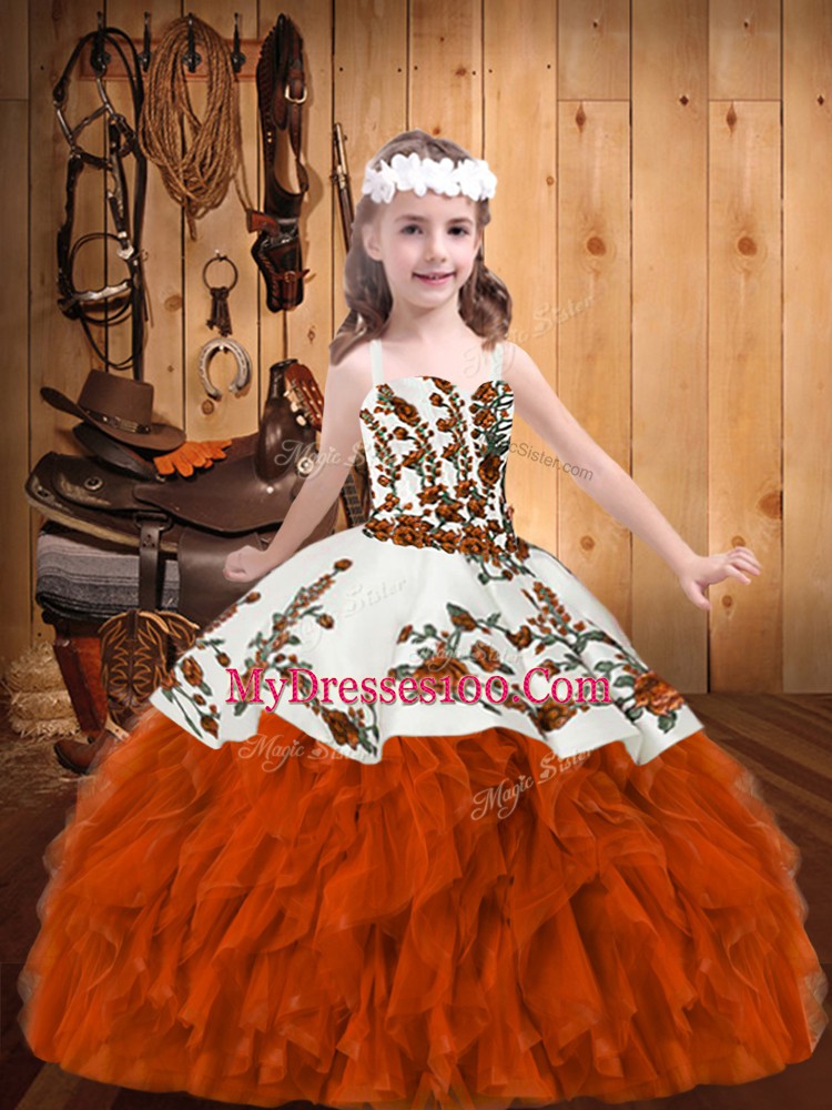 Rust Red Ball Gowns Beading and Embroidery Custom Made Pageant Dress Lace Up Organza Sleeveless Floor Length