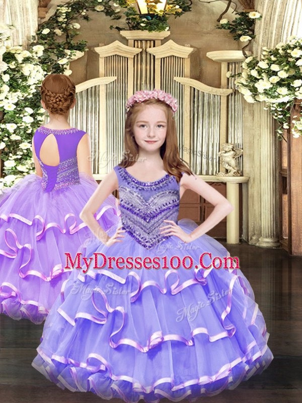 Lavender Ball Gowns Organza Scoop Sleeveless Beading and Ruffled Layers Floor Length Lace Up Little Girl Pageant Dress