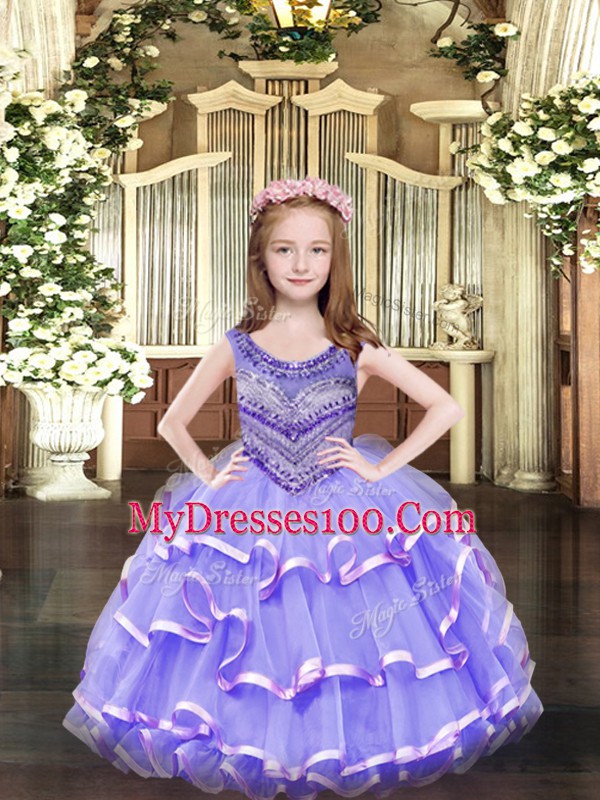 Lavender Ball Gowns Organza Scoop Sleeveless Beading and Ruffled Layers Floor Length Lace Up Little Girl Pageant Dress
