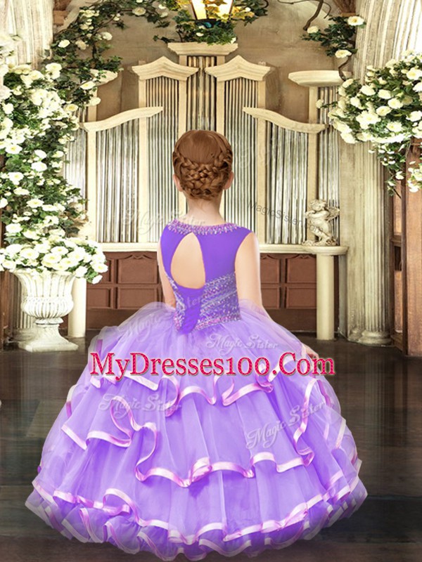 Lavender Ball Gowns Organza Scoop Sleeveless Beading and Ruffled Layers Floor Length Lace Up Little Girl Pageant Dress