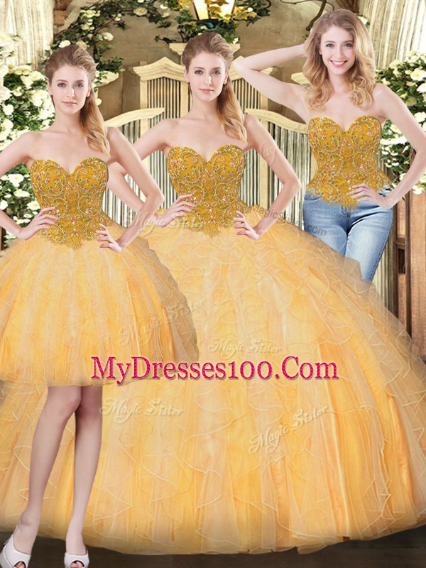 Excellent Sleeveless Beading and Ruffles Lace Up Vestidos de Quinceanera