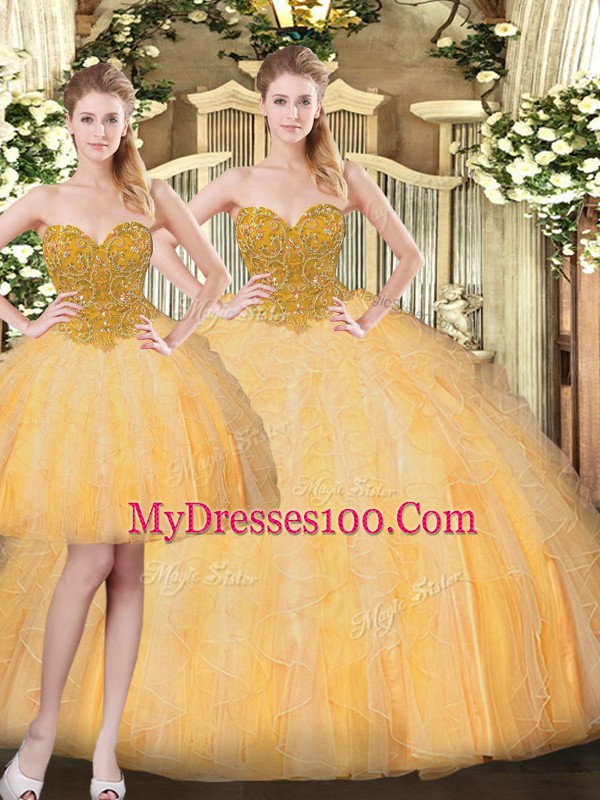 Excellent Sleeveless Beading and Ruffles Lace Up Vestidos de Quinceanera