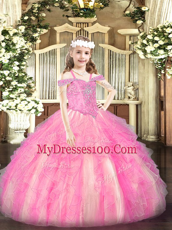 Perfect Rose Pink Off The Shoulder Lace Up Beading and Ruffles Pageant Gowns For Girls Sleeveless