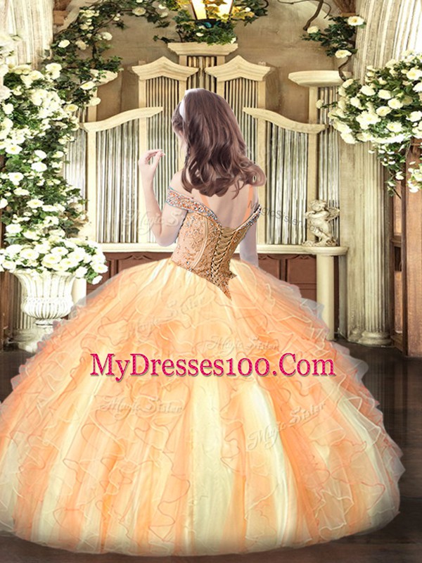 Perfect Rose Pink Off The Shoulder Lace Up Beading and Ruffles Pageant Gowns For Girls Sleeveless