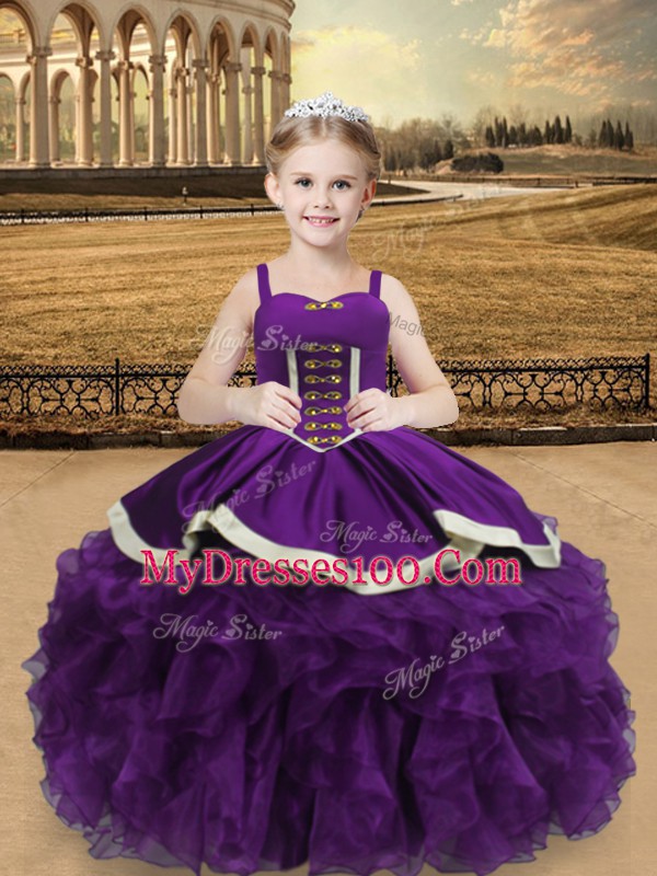 Eggplant Purple Organza Lace Up Straps Sleeveless Floor Length Little Girls Pageant Gowns Beading and Ruffles