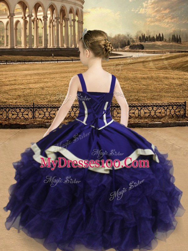 Eggplant Purple Organza Lace Up Straps Sleeveless Floor Length Little Girls Pageant Gowns Beading and Ruffles