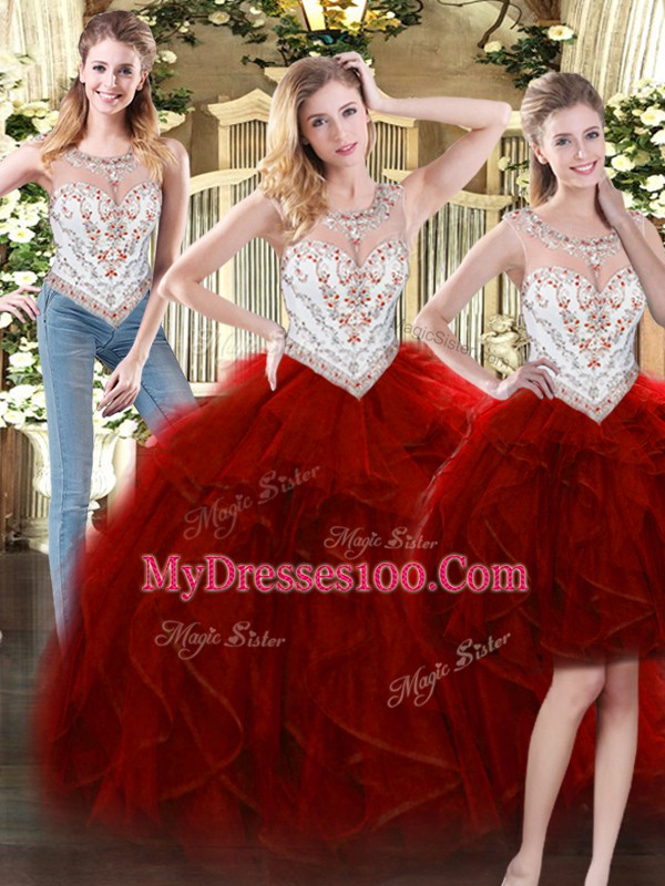 Sweet Ball Gowns Sweet 16 Quinceanera Dress Wine Red Scoop Tulle Sleeveless Floor Length Zipper