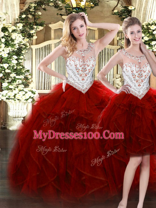Sweet Ball Gowns Sweet 16 Quinceanera Dress Wine Red Scoop Tulle Sleeveless Floor Length Zipper