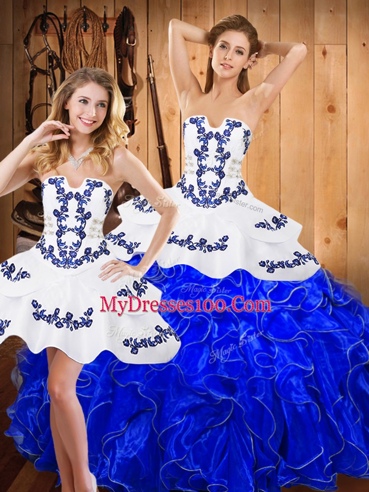 Blue And White Lace Up Strapless Embroidery and Ruffles 15 Quinceanera Dress Satin and Organza Sleeveless