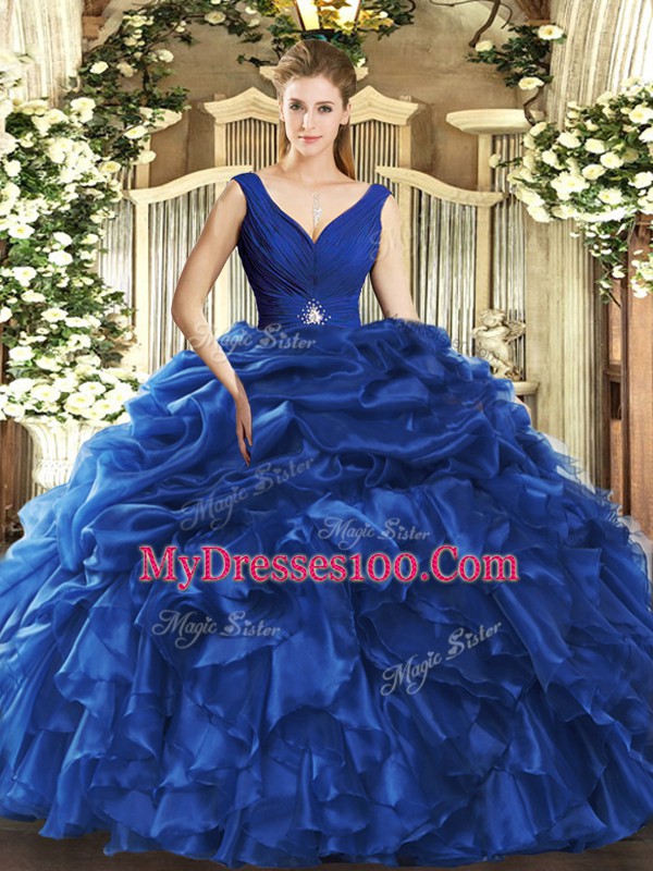 Stylish Sleeveless Organza Floor Length Backless Ball Gown Prom Dress in Blue with Beading and Ruffles