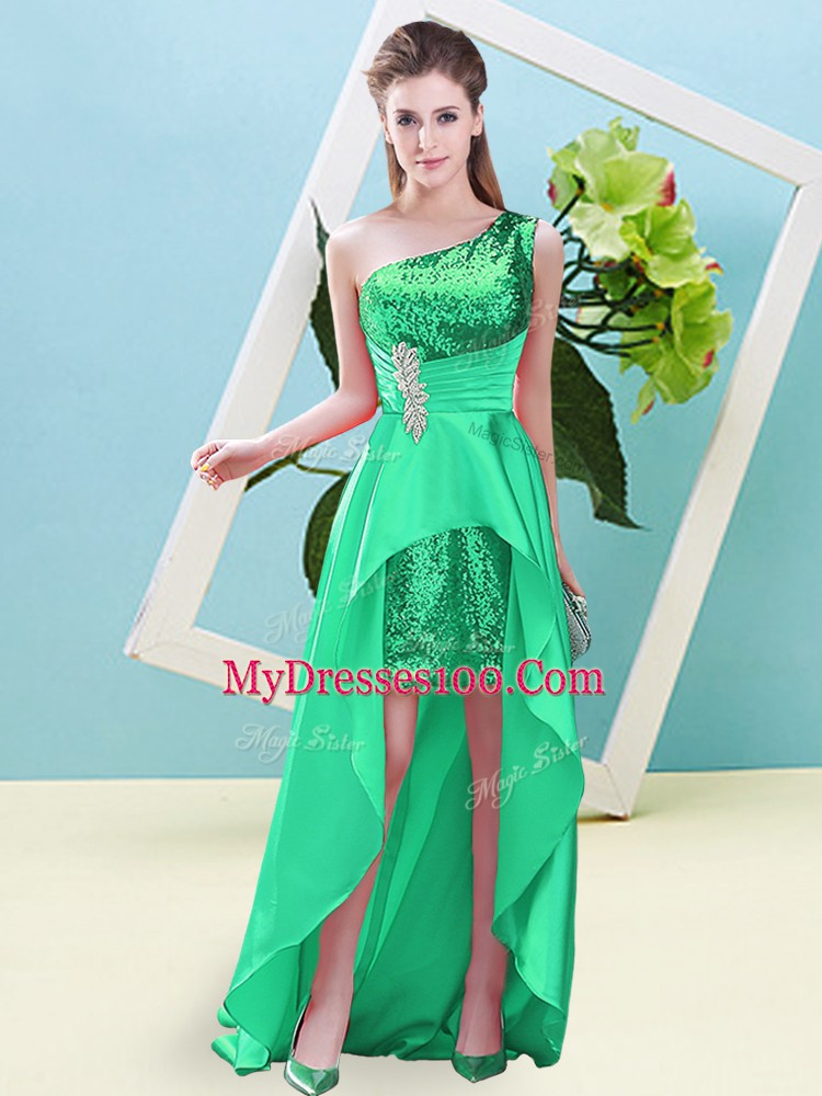 A-line Turquoise One Shoulder Elastic Woven Satin and Sequined Sleeveless High Low Lace Up