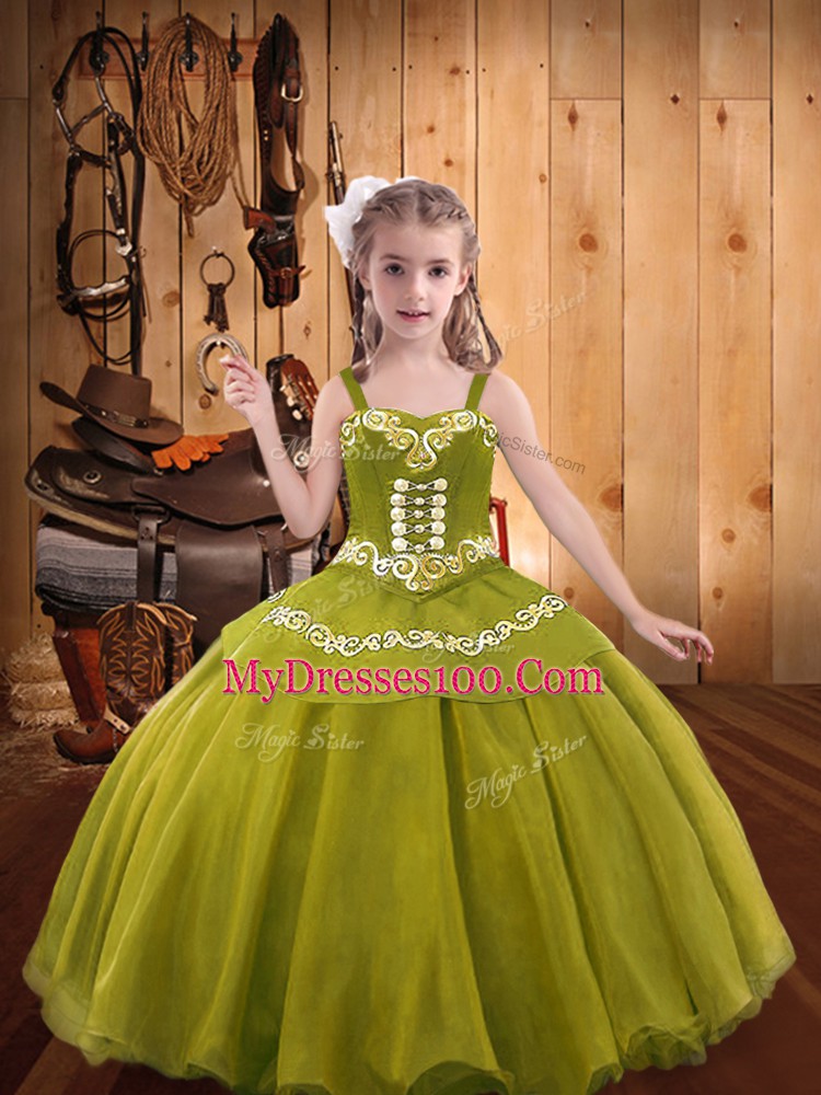 Olive Green Ball Gowns Embroidery and Ruffles Evening Gowns Lace Up Organza Sleeveless Floor Length