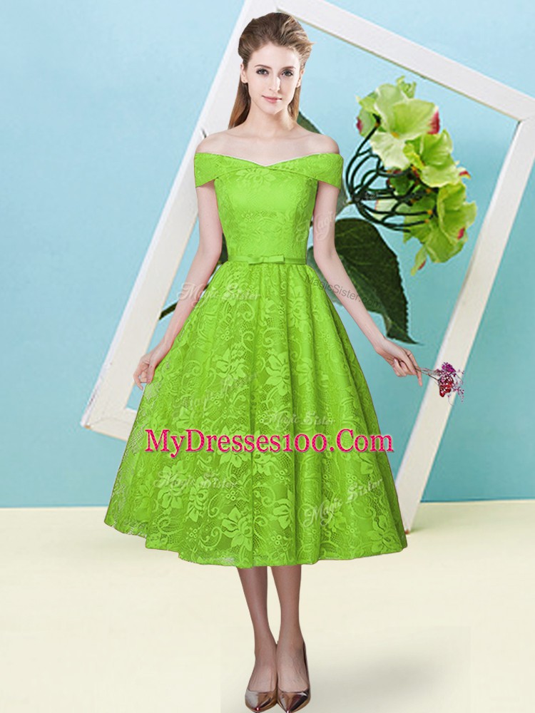 Glamorous Yellow Green Empire Bowknot Quinceanera Court Dresses Lace Up Lace Cap Sleeves Tea Length
