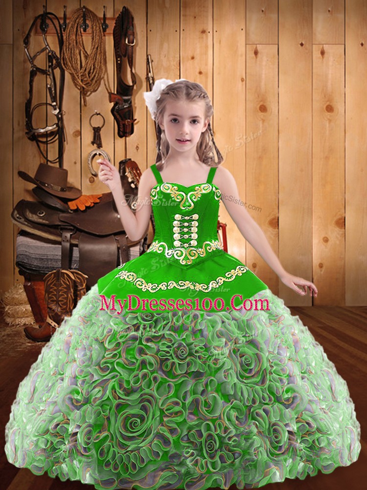 Pretty Sleeveless Fabric With Rolling Flowers Floor Length Lace Up Kids Formal Wear in Multi-color with Embroidery and Ruffles