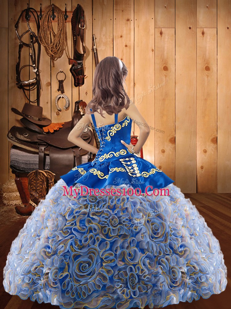 Pretty Sleeveless Fabric With Rolling Flowers Floor Length Lace Up Kids Formal Wear in Multi-color with Embroidery and Ruffles