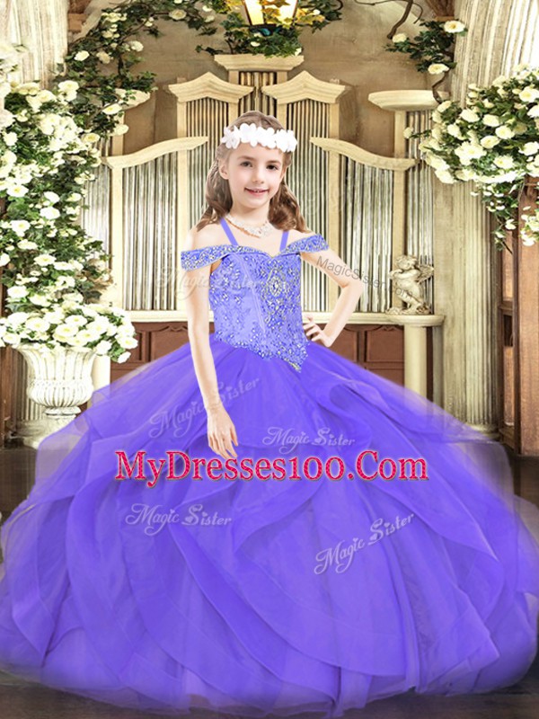 Fashionable Tulle Off The Shoulder Sleeveless Lace Up Beading and Ruffles Pageant Dress in Lavender