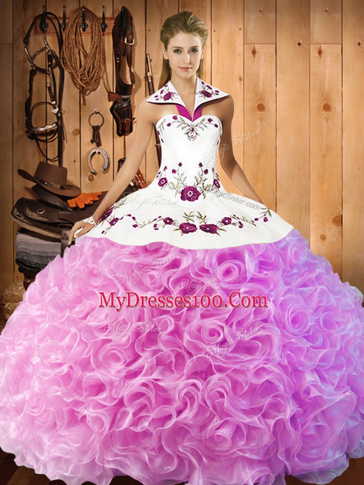 Amazing Rose Pink Ball Gowns Fabric With Rolling Flowers Halter Top Sleeveless Embroidery Floor Length Lace Up 15th Birthday Dress