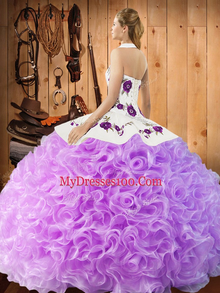 Amazing Rose Pink Ball Gowns Fabric With Rolling Flowers Halter Top Sleeveless Embroidery Floor Length Lace Up 15th Birthday Dress