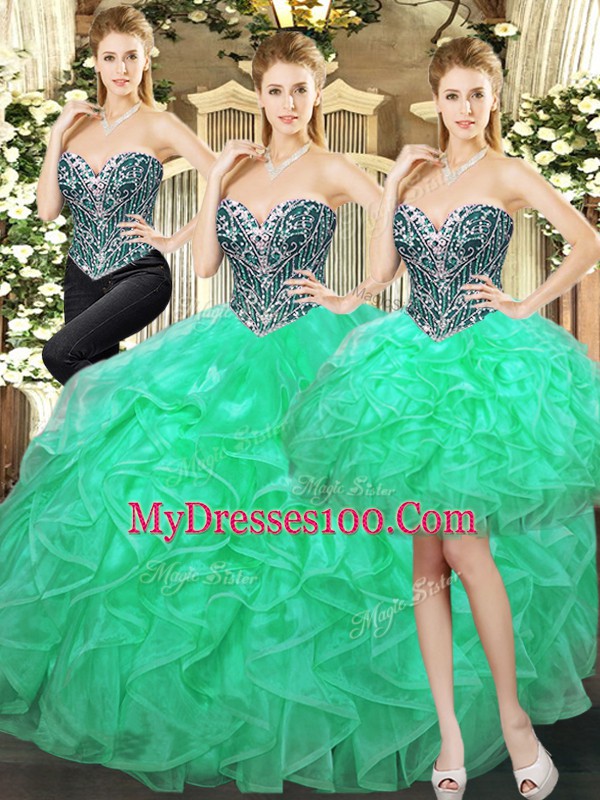 Spectacular Beading and Ruffles Sweet 16 Quinceanera Dress Turquoise Lace Up Sleeveless Floor Length